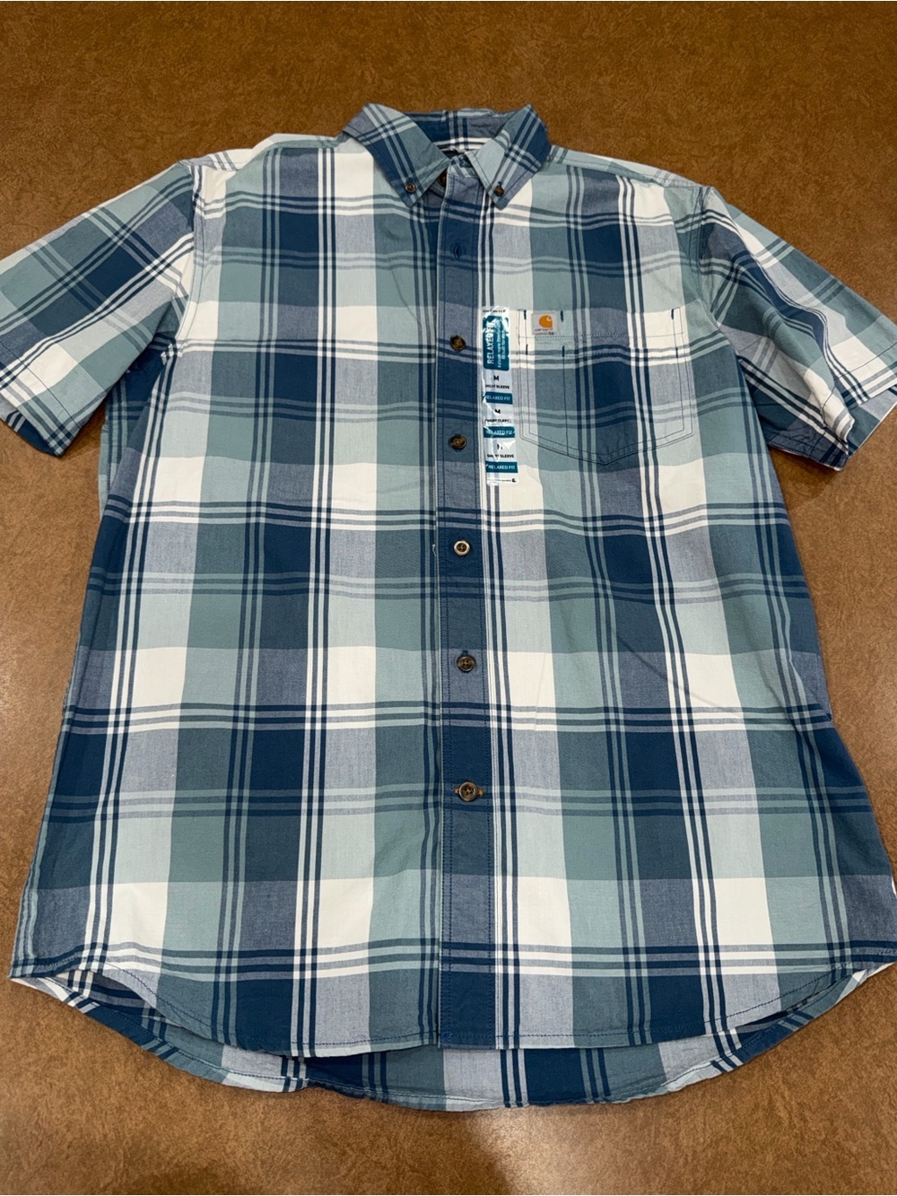 NWT • Carhartt Men’s Relaxed Fit Blue/White Short Sleeve Plaid Button-Down Shirt